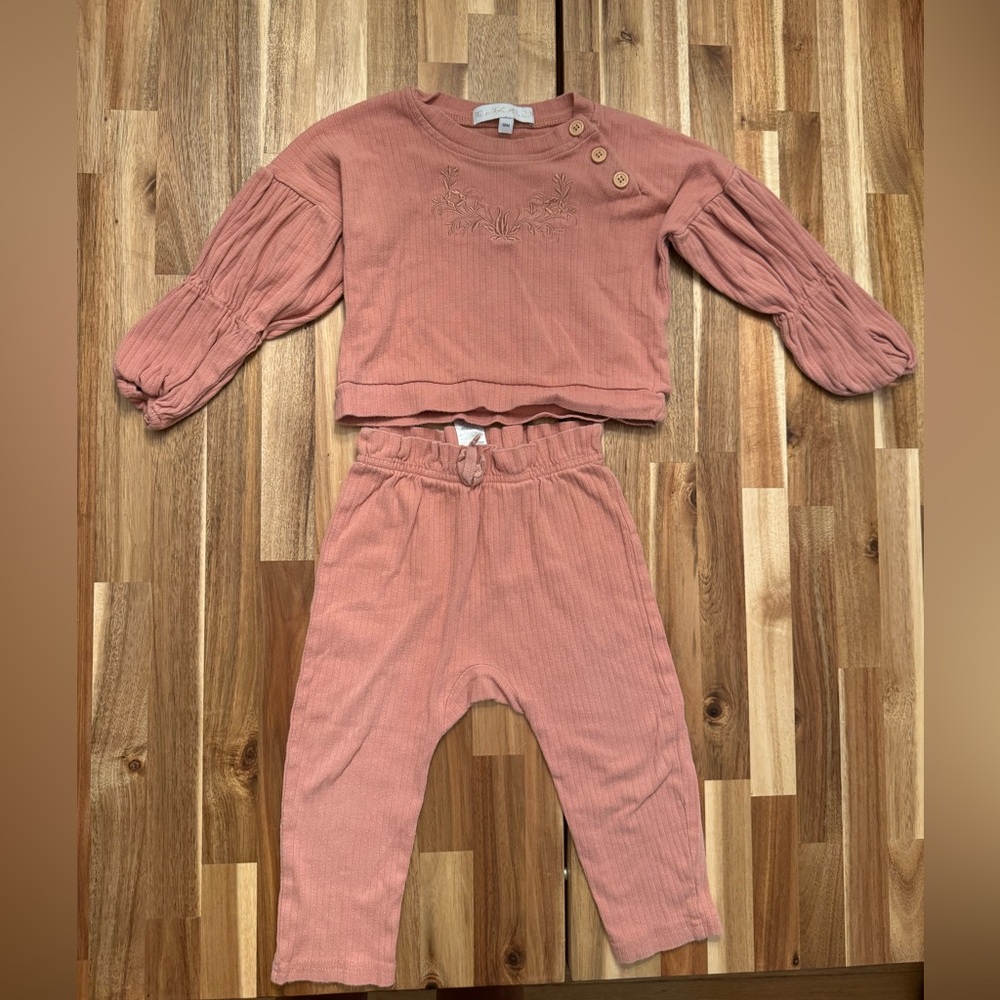 RZ by Rachel Zoe Baby Girls Ribbed Cotton Embroidered Top and Pants Set 18M Pink